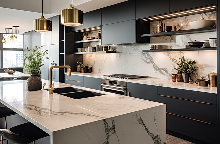 Cuisine moderne luxueuse, îlot central en marbre blanc veiné, armoires noires, robinetterie et suspensions dorées.